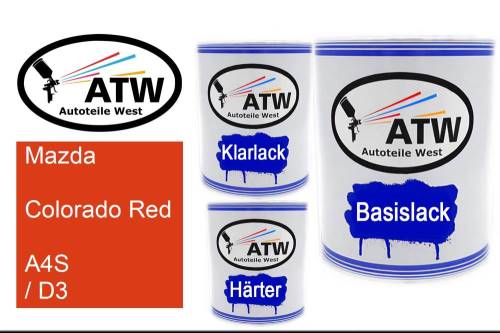 Mazda, Colorado Red, A4S / D3: 1L Lackdose + 1L Klarlack + 500ml Härter - Set, von ATW Autoteile West.